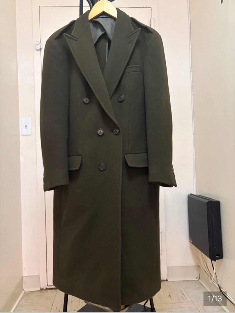 RALPH LAUREN MEN'S DOUBLE-BREASTED OLIVE GREEN LONG COAT SIZE 42R
